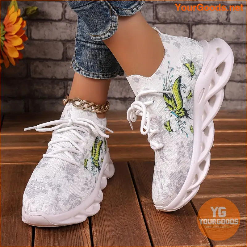 Women's Chunky Sneakers With Butterfly & Rose Design, Fashion Knitted Low Top Walking Trainers, Casual Outdoor Sports Shoes - YourGoods Online Shop