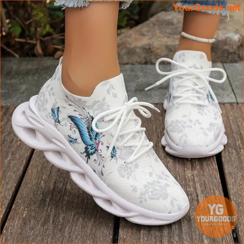 Women's Chunky Sneakers With Butterfly & Rose Design, Fashion Knitted Low Top Walking Trainers, Casual Outdoor Sports Shoes - YourGoods Online Shop