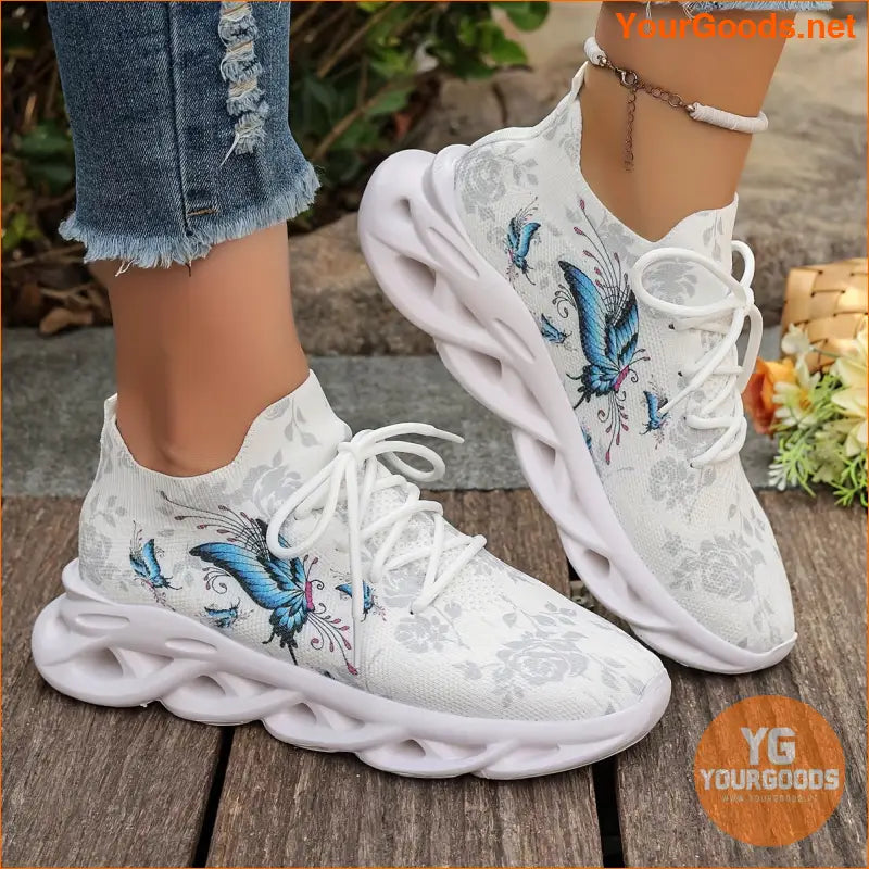 Women's Chunky Sneakers With Butterfly & Rose Design, Fashion Knitted Low Top Walking Trainers, Casual Outdoor Sports Shoes - YourGoods Online Shop