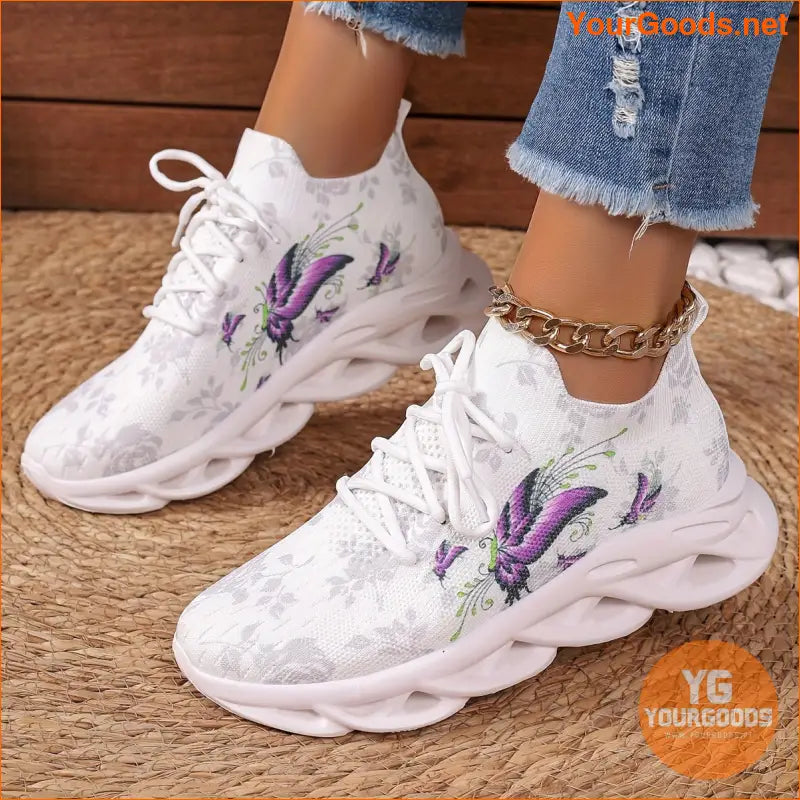 Women's Chunky Sneakers With Butterfly & Rose Design, Fashion Knitted Low Top Walking Trainers, Casual Outdoor Sports Shoes - YourGoods Online Shop