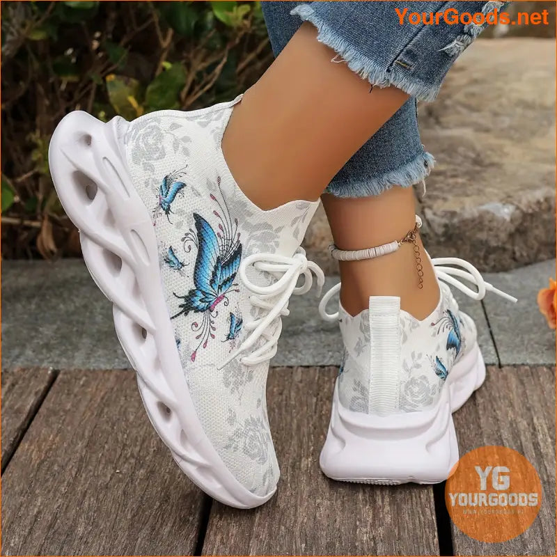 Women's Chunky Sneakers With Butterfly & Rose Design, Fashion Knitted Low Top Walking Trainers, Casual Outdoor Sports Shoes - YourGoods Online Shop