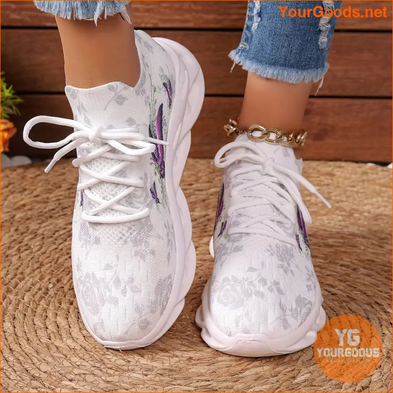 Women's Chunky Sneakers With Butterfly & Rose Design, Fashion Knitted Low Top Walking Trainers, Casual Outdoor Sports Shoes - YourGoods Online Shop