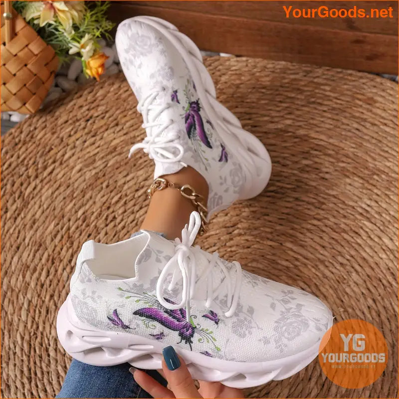 Women's Chunky Sneakers With Butterfly & Rose Design, Fashion Knitted Low Top Walking Trainers, Casual Outdoor Sports Shoes - YourGoods Online Shop