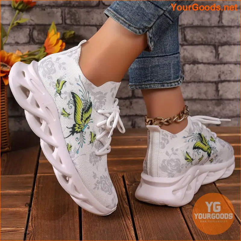 Women's Chunky Sneakers With Butterfly & Rose Design, Fashion Knitted Low Top Walking Trainers, Casual Outdoor Sports Shoes - YourGoods Online Shop