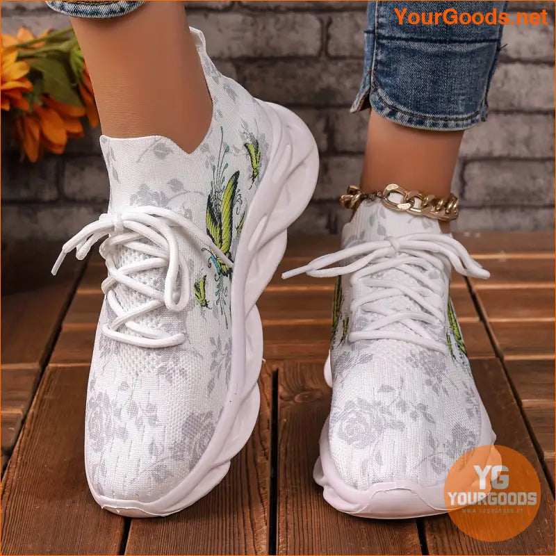 Women's Chunky Sneakers With Butterfly & Rose Design, Fashion Knitted Low Top Walking Trainers, Casual Outdoor Sports Shoes - YourGoods Online Shop