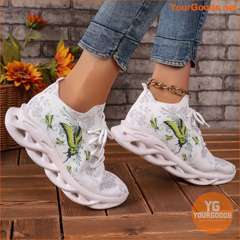 Women's Chunky Sneakers With Butterfly & Rose Design, Fashion Knitted Low Top Walking Trainers, Casual Outdoor Sports Shoes - YourGoods Online Shop