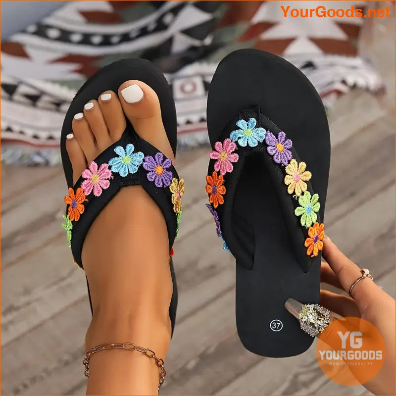 Womens Colorful Daisy HighHeel Wedge FlipFlops - YourGoods Online Shop