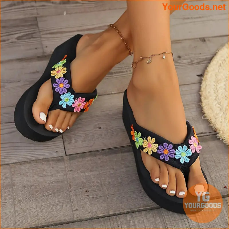 Womens Colorful Daisy HighHeel Wedge FlipFlops - YourGoods Online Shop