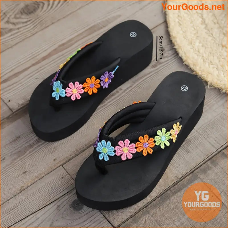 Womens Colorful Daisy HighHeel Wedge FlipFlops - YourGoods Online Shop