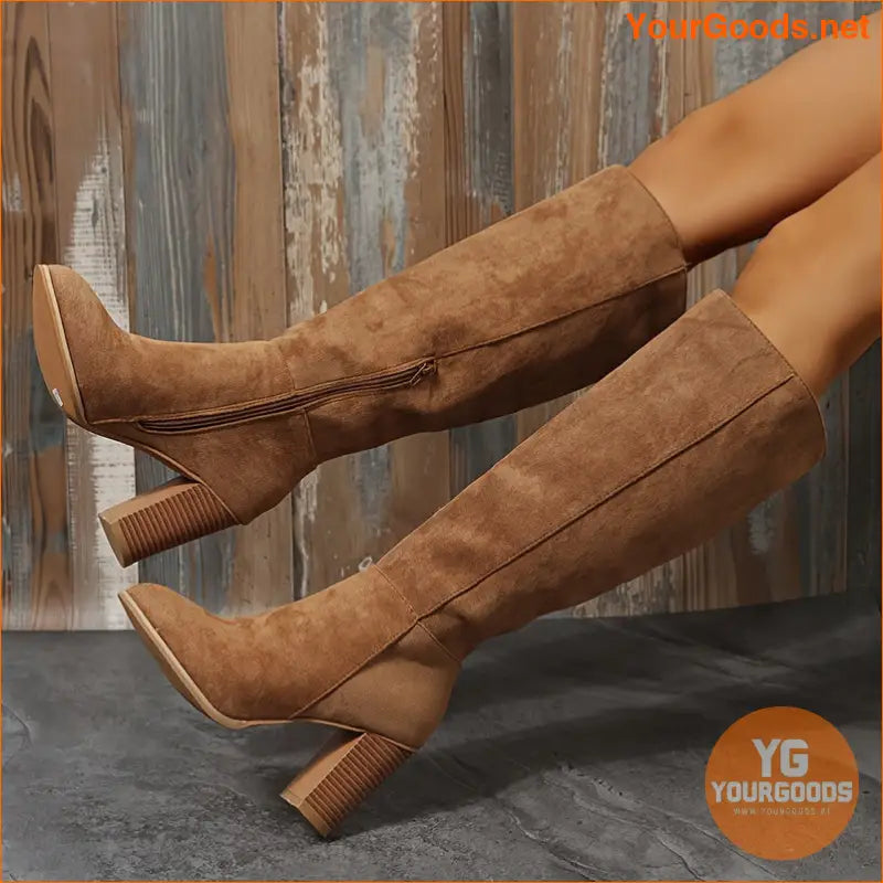 Womens Comfortable Long Block Heeled KneeHigh Boots - YourGoods Online Shop