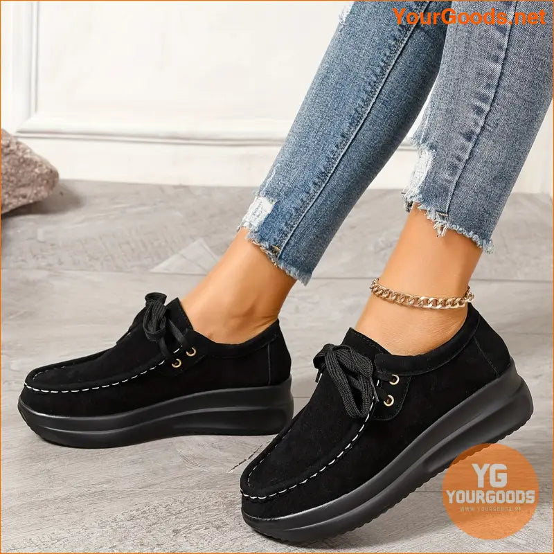 Womens Comfortable Platform Sneakers Solid LaceUp Trainers - YourGoods Online Shop