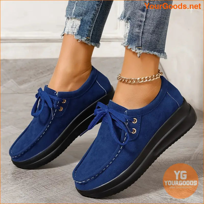 Womens Comfortable Platform Sneakers Solid LaceUp Trainers - YourGoods Online Shop