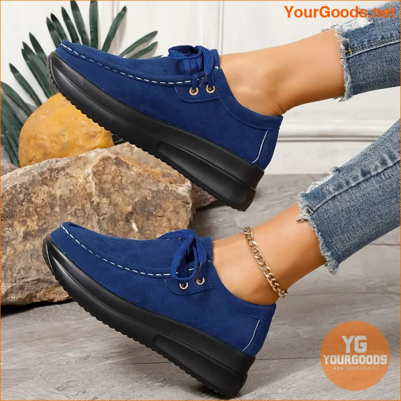 Womens Comfortable Platform Sneakers Solid LaceUp Trainers - YourGoods Online Shop