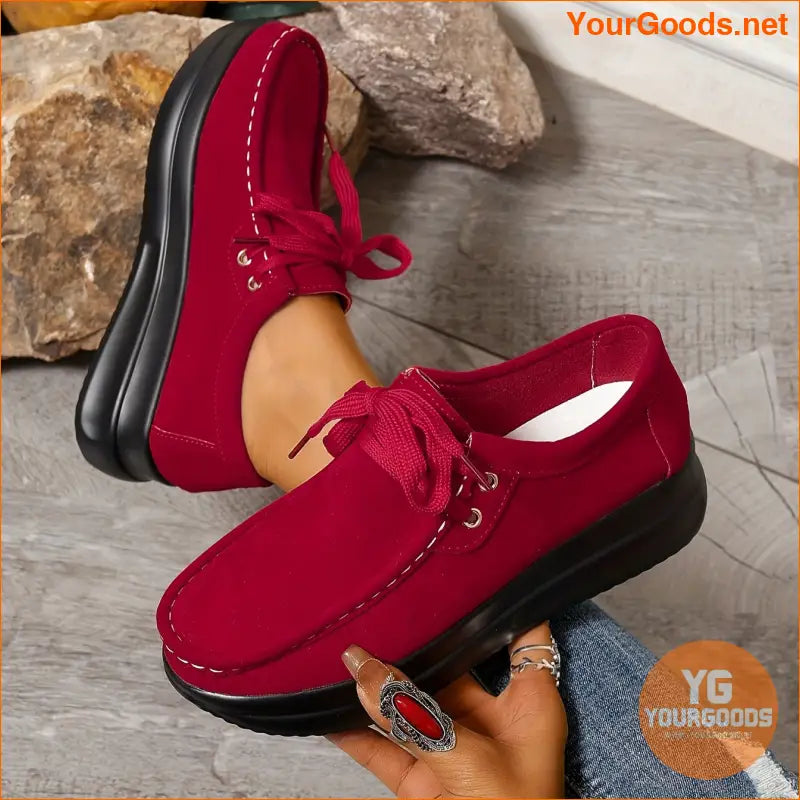 Womens Comfortable Platform Sneakers Solid LaceUp Trainers - YourGoods Online Shop