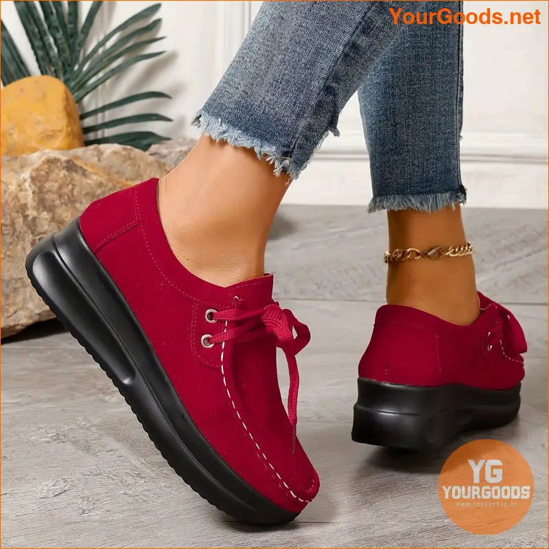 Womens Comfortable Platform Sneakers Solid LaceUp Trainers - YourGoods Online Shop