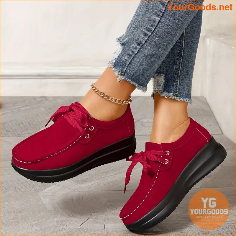 Womens Comfortable Platform Sneakers Solid LaceUp Trainers - YourGoods Online Shop