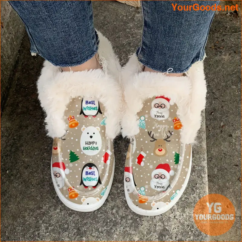 Womens Cozy Christmas Snowman Reindeer SlipOn Booties - YourGoods Online Shop