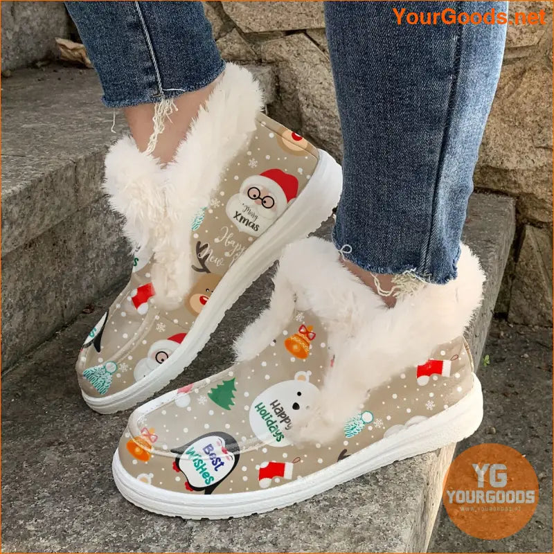 Womens Cozy Christmas Snowman Reindeer SlipOn Booties - YourGoods Online Shop