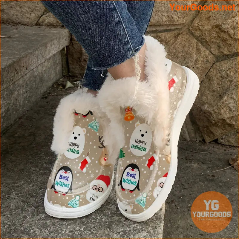 Womens Cozy Christmas Snowman Reindeer SlipOn Booties - YourGoods Online Shop