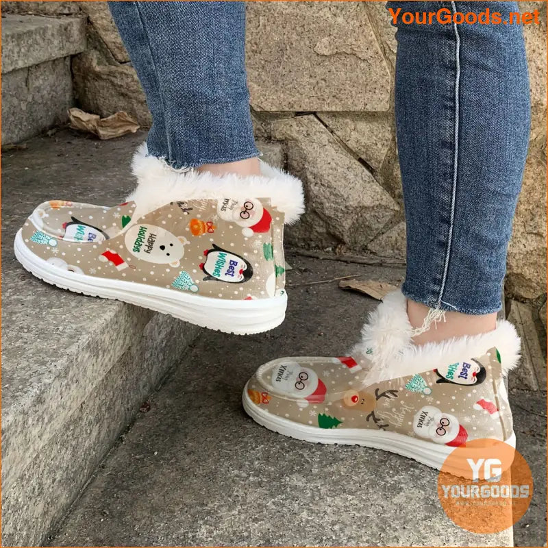 Womens Cozy Christmas Snowman Reindeer SlipOn Booties - YourGoods Online Shop