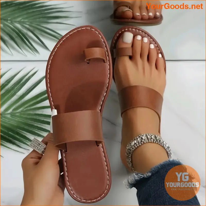 Womens Dark Brown Toe Loop Flat Sandals - YourGoods Online Shop