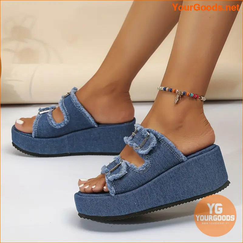 Womens Denim Platform Sandals with Buckle Strap - YourGoods Online Shop