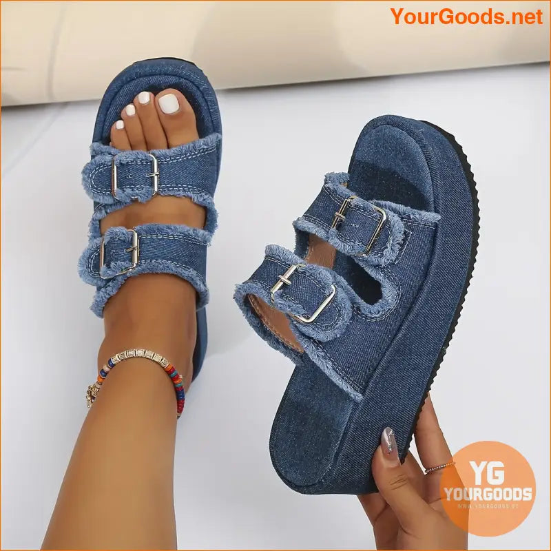 Womens Denim Platform Sandals with Buckle Strap - YourGoods Online Shop