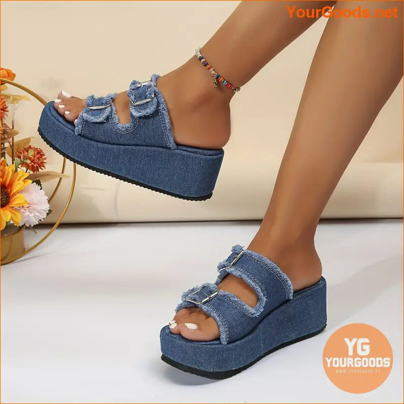 Womens Denim Platform Sandals with Buckle Strap - YourGoods Online Shop