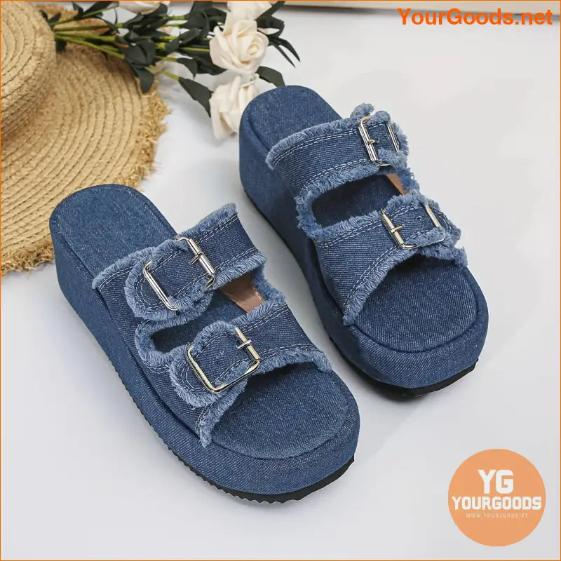 Womens Denim Platform Sandals with Buckle Strap - YourGoods Online Shop