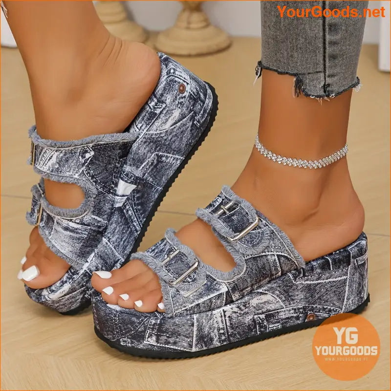 Womens Denim Platform Sandals with Buckle Strap - YourGoods Online Shop