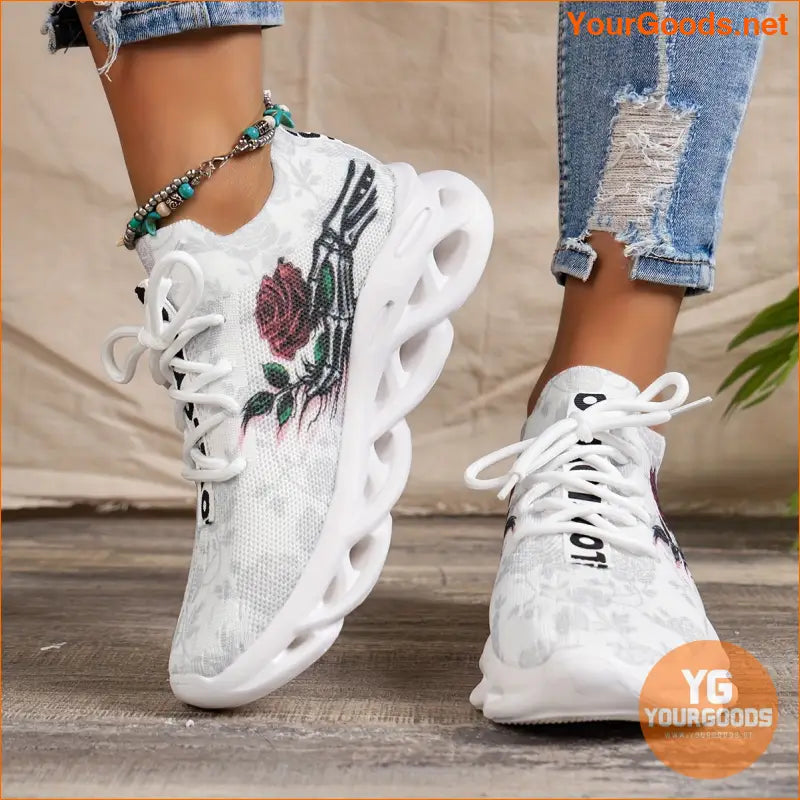 Women's Elegant Rose Breathable Knit Sneakers, Lace-up Walking Sports Shoes, Stylish Comfort Trainers For Outdoor And Indoor Activities - YourGoods Online Shop