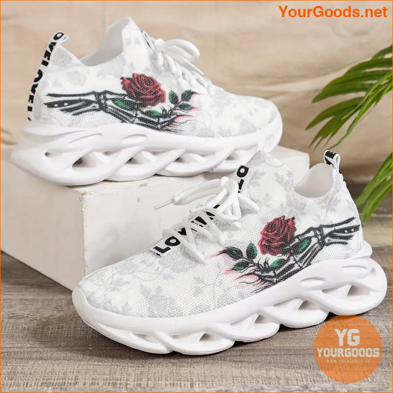 Women's Elegant Rose Breathable Knit Sneakers, Lace-up Walking Sports Shoes, Stylish Comfort Trainers For Outdoor And Indoor Activities - YourGoods Online Shop