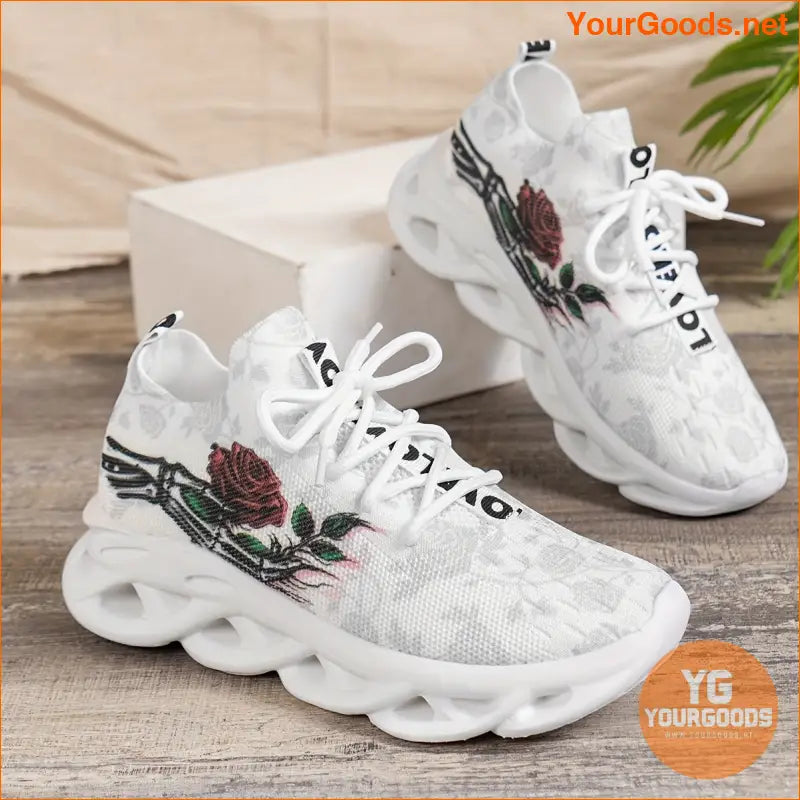 Women's Elegant Rose Breathable Knit Sneakers, Lace-up Walking Sports Shoes, Stylish Comfort Trainers For Outdoor And Indoor Activities - YourGoods Online Shop