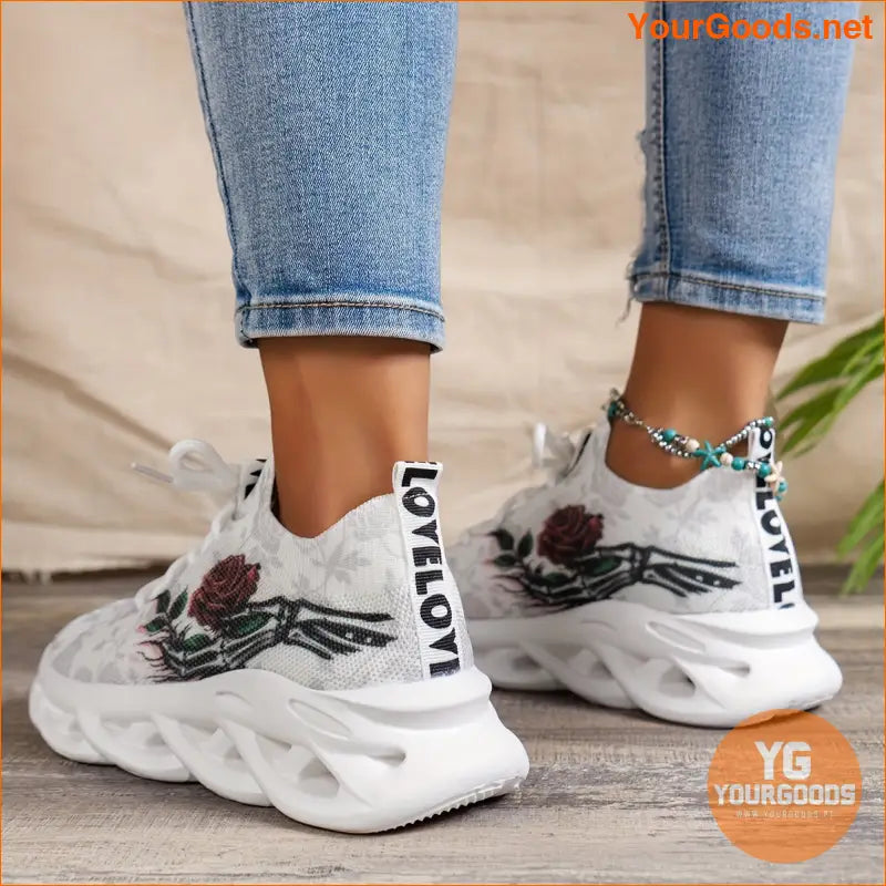 Women's Elegant Rose Breathable Knit Sneakers, Lace-up Walking Sports Shoes, Stylish Comfort Trainers For Outdoor And Indoor Activities - YourGoods Online Shop