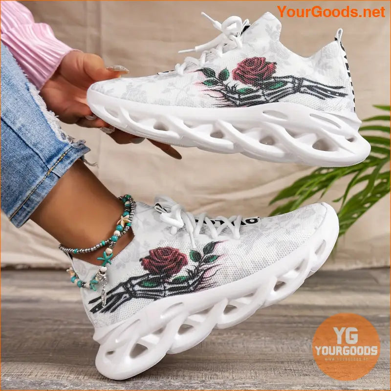 Women's Elegant Rose Breathable Knit Sneakers, Lace-up Walking Sports Shoes, Stylish Comfort Trainers For Outdoor And Indoor Activities - YourGoods Online Shop