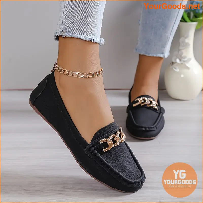 Womens Elegant SlipOn Loafers with Metallic Chain Accent - YourGoods Online Shop