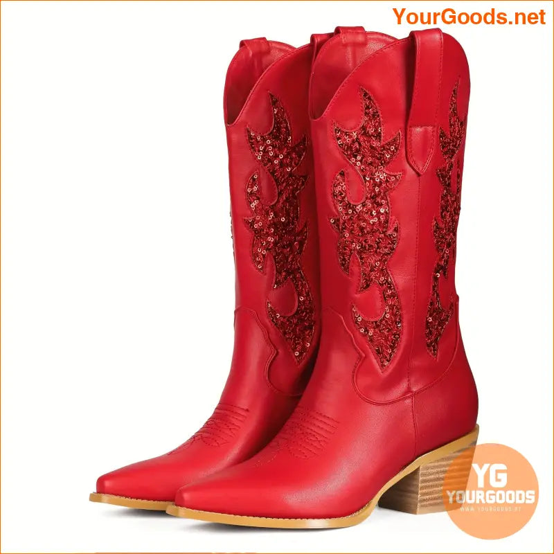 Womens Embroidered Western Cowgirl Boots Mid Calf Chunky Heel - YourGoods Online Shop