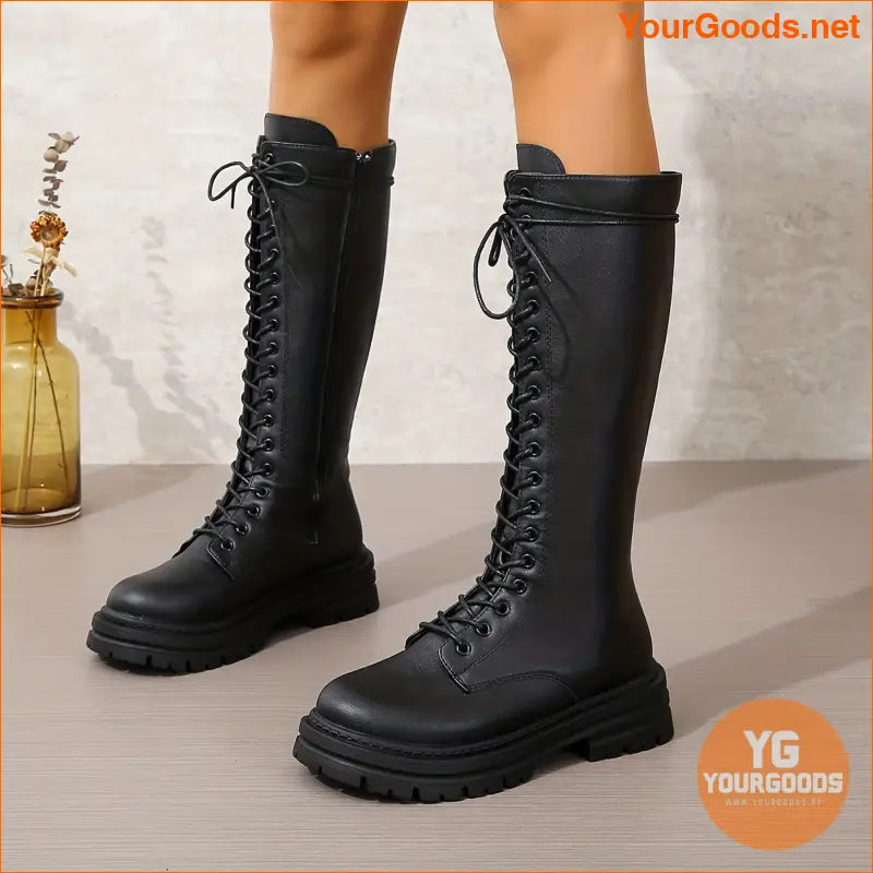 Womens Fashion LaceUp Platform Faux Leather Boots - YourGoods Online Shop