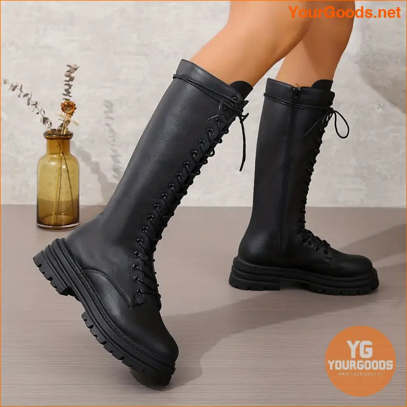 Womens Fashion LaceUp Platform Faux Leather Boots - YourGoods Online Shop