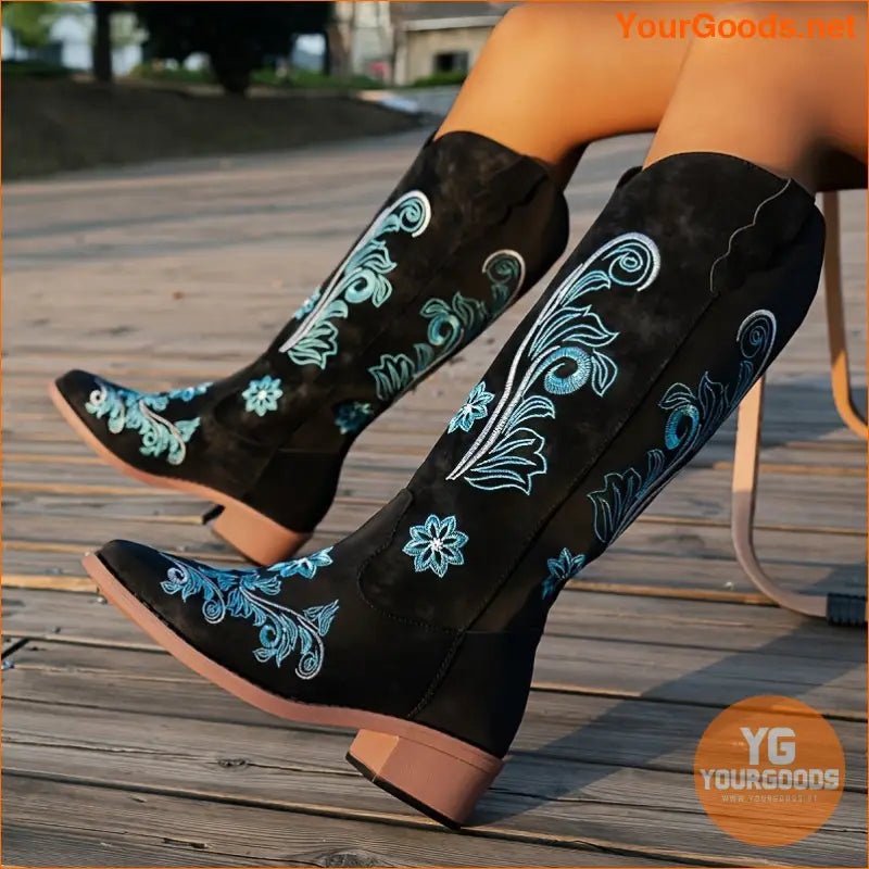 Womens Floral Chunky Heel SlipOn Western Boots - YourGoods Online Shop