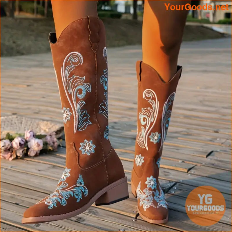 Womens Floral Chunky Heel SlipOn Western Boots - YourGoods Online Shop