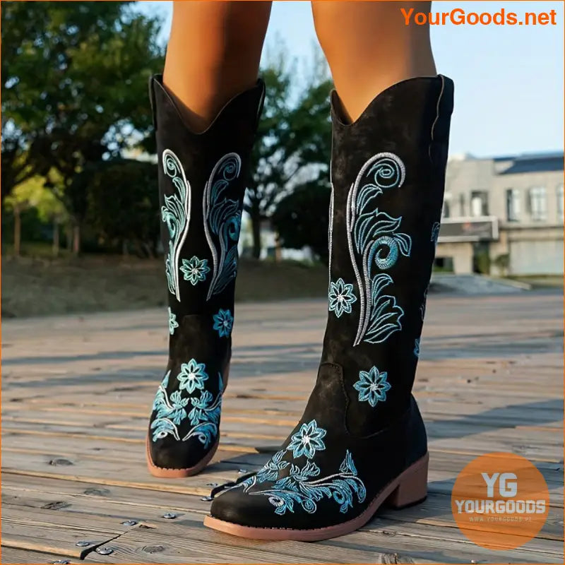 Womens Floral Chunky Heel SlipOn Western Boots - YourGoods Online Shop