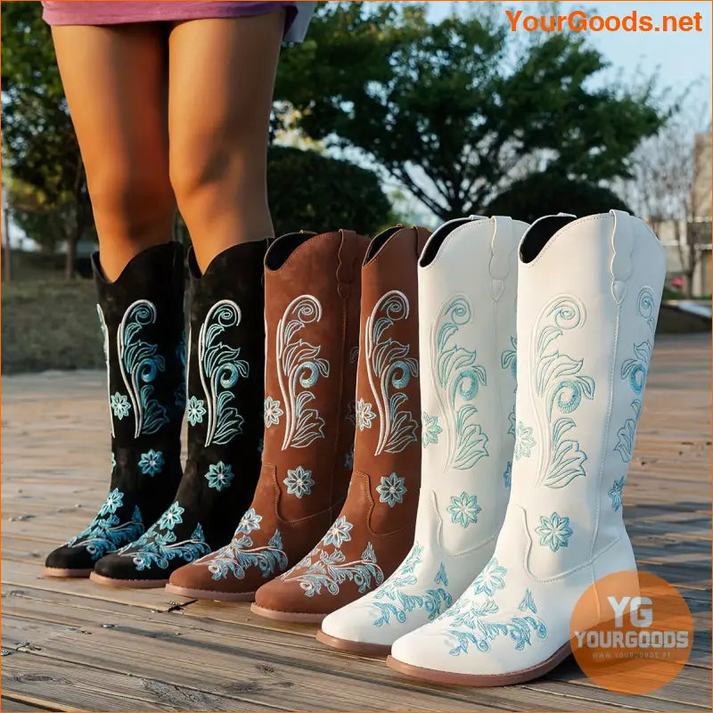 Womens Floral Chunky Heel SlipOn Western Boots - YourGoods Online Shop