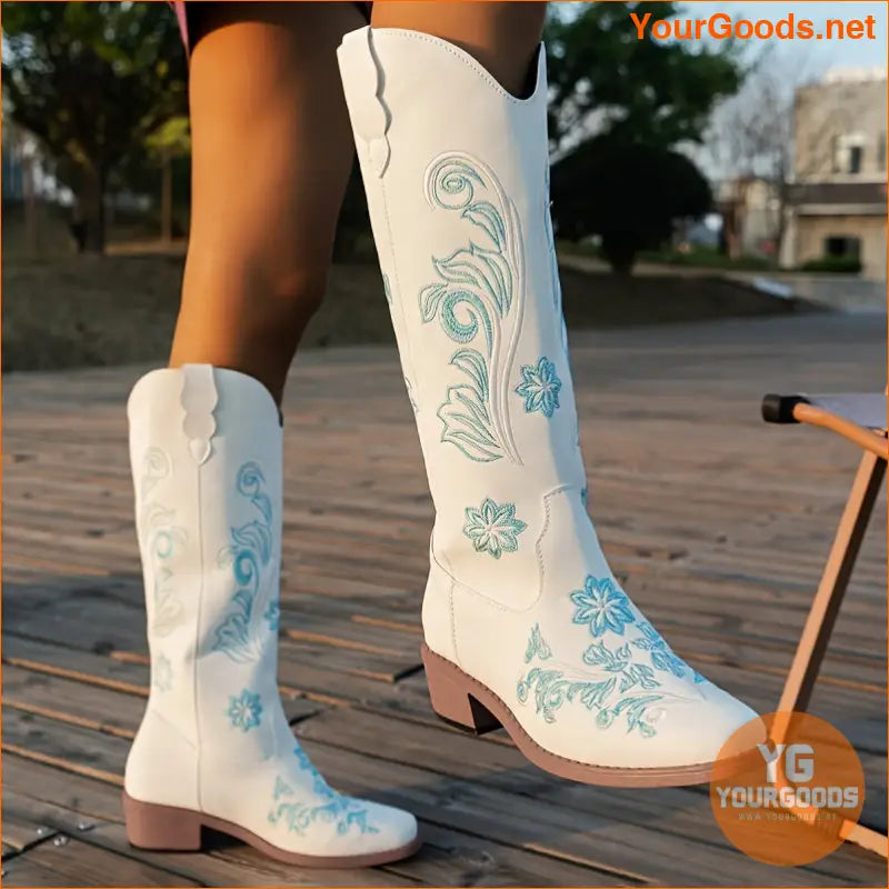 Womens Floral Chunky Heel SlipOn Western Boots - YourGoods Online Shop