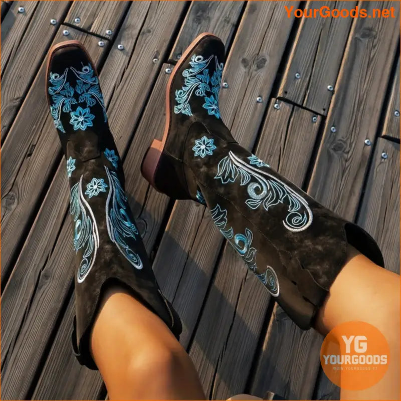 Womens Floral Chunky Heel SlipOn Western Boots - YourGoods Online Shop