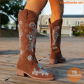 Womens Floral Chunky Heel SlipOn Western Boots - YourGoods Online Shop