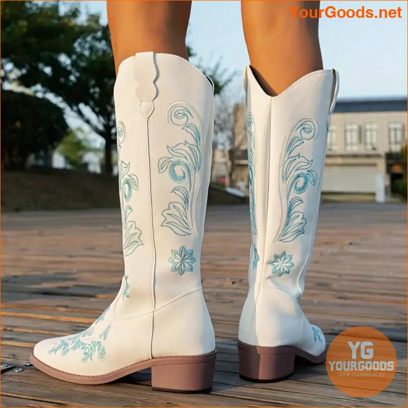 Womens Floral Chunky Heel SlipOn Western Boots - YourGoods Online Shop