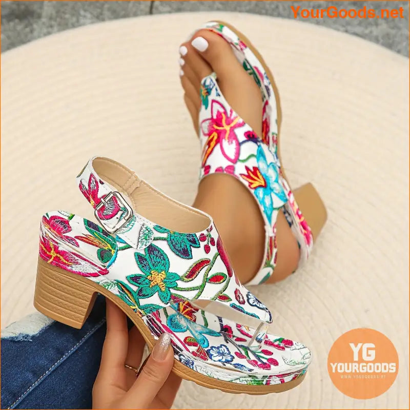 Womens Floral Chunky Heels Stylish Summer Slingback Sandals - YourGoods Online Shop