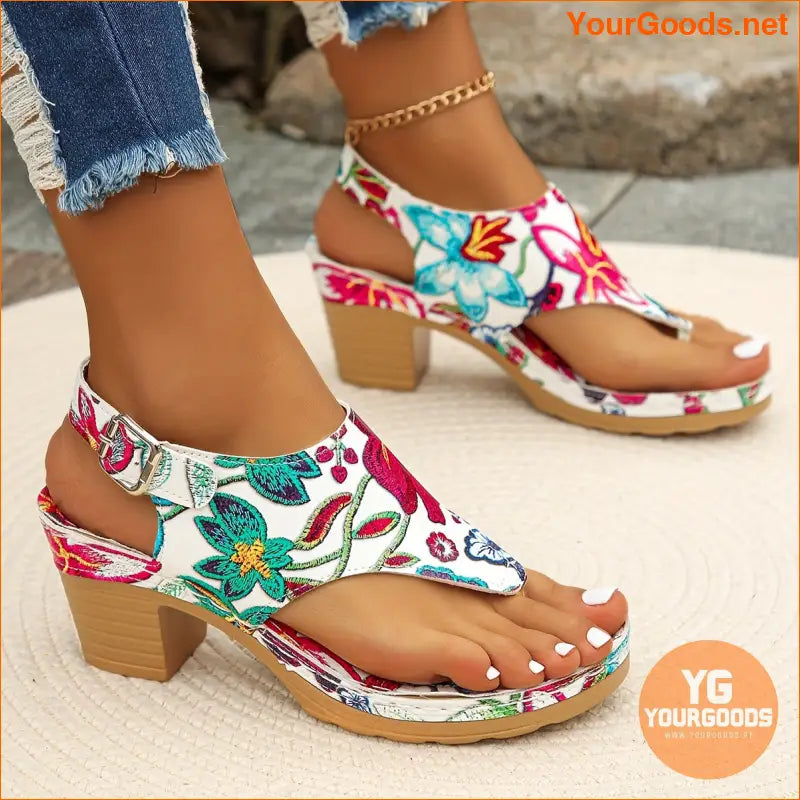 Womens Floral Chunky Heels Stylish Summer Slingback Sandals - YourGoods Online Shop