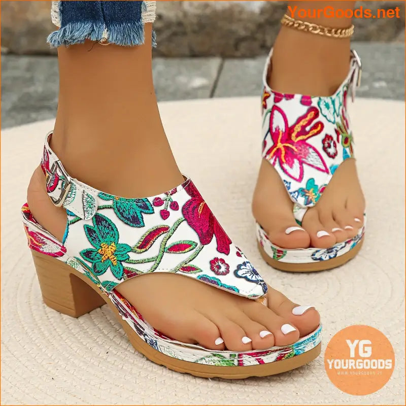 Womens Floral Chunky Heels Stylish Summer Slingback Sandals - YourGoods Online Shop